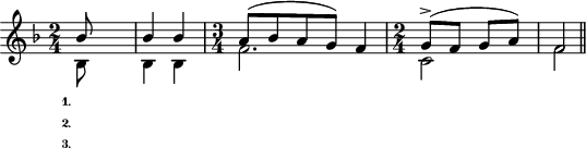 \header {tagline = " "}
\include "arabic.ly"
%3333333333333333333333333333333333333
\layout {
\context {
\Score
\override SpacingSpanner.spacing-increment = 0.15
\override SpacingSpanner.uniform-stretching = ##t
% \override SpacingSpanner.strict-note-spacing = ##t
\override SpacingSpanner.base-shortest-duration = #(ly:make-moment 1/100000000)
}
}
\score {
\new Staff <<
\new Voice
\key fa \major
\relative do'' {
\set midiInstrument = #"viola"
\voiceOne
\time 2/4
\partial 4 sib8 s8 |
sib4 sib
\time 3/4 la8( sib la sol) fa4
\time 2/4 sol8(^\accent fa sol la) fa2
\bar "||"
}
\addlyrics { \set stanza = "1."
προσ φε ρου σι Χρι στε μου }
\addlyrics { \set stanza = "2."
που ε δυ Σου το κα λλος }
\addlyrics { \set stanza = "3."
ε λε η σον τον κο σμον }
\new Voice \relative do' {
\set midiInstrument = #"reed organ"
\voiceTwo
sib8 s8 sib4 sib fa'2. do2 fa2
}
>>
\layout { }
\midi {
\context {
\Staff
\remove "Staff_performer"
}
\context {
\Voice
\consists "Staff_performer"
}
\context {
\Score
tempoWholesPerMinute = #(ly:make-moment 58 2)
}
}
}