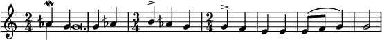 
#(set! paper-alist (cons '("my-size" . (cons (* 6 in) (* 4 in))) paper-alist))
\paper {
  #(set-paper-size "my-size")
  indent = 0\mm
  system-system-spacing.basic-distance = #15
  score-system-spacing =
    #'((basic-distance . 20)
       (minimum-distance . 18)
       (padding . 2)
       (stretchability . 18))
}
\layout {
 
 \context {
    \Score
    \override SpacingSpanner.spacing-increment = 0.15
    \override SpacingSpanner.uniform-stretching = ##t
 %   \override SpacingSpanner.strict-note-spacing = ##t
    \override SpacingSpanner.base-shortest-duration = #(ly:make-moment 1/100000000)
  }
}
\header { tagline = "  "} 

\include "arabic.ly"



%4444444444444444444444444444444444444444

\score {
  \new Staff <<
    \new Voice 
    \relative sol' {
      \set midiInstrument = #"viola"
      \voiceOne 
   
\tempo "Исонъ соль" \time 2/4 lasb4^\mordent sol sol lasb
\time 3/4 si^\accent lasb sol \time 2/4
sol^\accent fa mi mi mi8( fa sol4) sol2
 
\bar "|"
}
\addlyrics { съмерт вы ми что и ще те я ко че ло вѣ ка }

   \new Voice \relative sol' {
      \set midiInstrument = #"reed organ"
      \voiceTwo
lasb4 sol\breve.
    }



>>
\layout { }
\midi {
    \context {
      \Staff
      \remove "Staff_performer"
    }
    \context {
      \Voice
      \consists "Staff_performer"
    }
    \context {
      \Score
      tempoWholesPerMinute = #(ly:make-moment 58 2)
    }
  }
}
