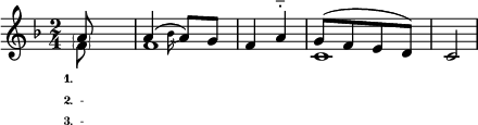 
#(set! paper-alist (cons '("my-size" . (cons (* 6 in) (* 4 in))) paper-alist))
\paper {
  #(set-paper-size "my-size")
  indent = 0\mm
  system-system-spacing.basic-distance = #15
  score-system-spacing =
    #'((basic-distance . 20)
       (minimum-distance . 18)
       (padding . 2)
       (stretchability . 18))
}
\layout {
 
 \context {
    \Score
    \override SpacingSpanner.spacing-increment = 0.15
    \override SpacingSpanner.uniform-stretching = ##t
 %   \override SpacingSpanner.strict-note-spacing = ##t
    \override SpacingSpanner.base-shortest-duration = #(ly:make-moment 1/100000000)
  }
}
\header { tagline = "  "} 

\include "arabic.ly"
\score {
  \new Staff <<
    \new Voice
    \key fa \major
    \relative do'' {
      \set midiInstrument = #"viola"
      \voiceOne 
   
   \time 2/4 \partial 4 \parenthesize la8 s8 | 
    la4( la8) sol8 fa4 la^\portato
    sol8[( fa mi re]) do2
        
   \bar "|"
    }

\addlyrics { \set stanza = "1."
             Αι γε νε αι _ πα σαι }
\addlyrics { \set stanza = "2." 
             - Ω γλυ κυ μου ε αρ }
\addlyrics { \set stanza = "3." 
             - Ω Τρι ας Θε ε μου }

   \new Voice \relative do' {
      \set midiInstrument = #"reed organ"
      \voiceTwo
\partial 4 \parenthesize fa8 s8 fa1 do 
    }
   \new Voice \relative do' {
      \set midiInstrument = #"reed organ"
      \voiceTwo
s4 s4 \appoggiatura sib'16
    }    
>>
\layout { }
\midi {
    \context {
      \Staff
      \remove "Staff_performer"
    }
    \context {
      \Voice
      \consists "Staff_performer"
    }
    \context {
      \Score
      tempoWholesPerMinute = #(ly:make-moment 58 2)
    }
  }
}
