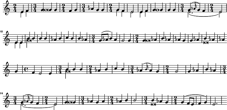 \paper {
indent = 0\mm
system-system-spacing.basic-distance = #15
score-system-spacing =
#'((basic-distance . 20)
(minimum-distance . 18)
(padding . 2)
(stretchability . 18))
}
\header {
tagline = " "
}
\include "arabic.ly"
\score {
\new Staff <<
\new Voice \relative do' {
\set midiInstrument = #"viola"
\voiceOne
\time 2/4 mi4 fa \time 3/4 \tempo "Исон соль" sol sol sol \time 2/4 fa sol \time 3/4 lasb sol sol \time 2/4 \tempo "Унисон" sol fa mi2 mi4 \tempo "Исон соль" fa sol sol sol sol \time 3/4 \tempo "Исон ми" sol4( \appoggiatura lasb16 sol4) fa4 \time 2/4 mi2 \tempo "Унисон" mi4 mi \tempo "Исон соль" si' si si si lasb si do si si lasb \time 3/4 sol8( lasb si4) lasb sol2 sol4 \time 2/4 sol lasb si lasb lasb sol sol lasb \tempo "Исон ми" si lasb lasb | \break sol \time 4/4 fa mi2 mi4 \time 3/4 \tempo "Исон соль" si' si si \time 2/4 lasb si do si \time 3/4 lasb4( \appoggiatura si16 lasb4) sol4 \time 2/4 sol2 sol4 lasb si lasb \time 3/4 \tempo "Исон ми" sol4( \appoggiatura lasb16 sol4) fa4 \time 2/4 mi2 \tempo "Исон соль" sol4 sol \time 3/4 lasb sol lasb \time 2/4 lasb~ si si2 \time 3/4 \tempo "Исон ми" si4 lasb sol \time 2/4 sol( fa8 mi fa4 sol) mi2. }
\addlyrics { кБо го ро ди це съу ми ле ни ем при па дем вси грех ми об ре ме нен ни и чу до твор ну ю Е я и ко ну У ми ле ни я об ло бы за ю ще и во пи ю ще со сле за ми Вла ды чи це при и ми мо ле ни е не до стой ных раб Тво их и по даждь нам про ся щим ве ли ю ми лость }
\new Voice \relative do' {
\set midiInstrument = #"reed organ"
\voiceTwo
mi4 fa sol\breve sol4 fa mi2 mi4 fa sol1 mi2.( mi2) mi4 mi sol\longa sol\breve mi\breve sol\longa mi2. ~ mi2 sol\breve s4 mi\breve
}
>>
\layout { }
\midi {
\context {
\Staff
\remove "Staff_performer"
}
\context {
\Voice
\consists "Staff_performer"
}
\context {
\Score
tempoWholesPerMinute = #(ly:make-moment 58 2)
}
}
}