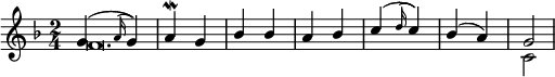 
#(set! paper-alist (cons '("my-size" . (cons (* 6 in) (* 4 in))) paper-alist))
\paper {
  #(set-paper-size "my-size")
  indent = 0\mm
  system-system-spacing.basic-distance = #15
  score-system-spacing =
    #'((basic-distance . 20)
       (minimum-distance . 18)
       (padding . 2)
       (stretchability . 18))
}
\layout {
 
 \context {
    \Score
    \override SpacingSpanner.spacing-increment = 0.15
    \override SpacingSpanner.uniform-stretching = ##t
 %   \override SpacingSpanner.strict-note-spacing = ##t
    \override SpacingSpanner.base-shortest-duration = #(ly:make-moment 1/100000000)
  }
}
\header { tagline = "  "} 

\include "arabic.ly"


%333333333333333333333333333333333333333
\score {
  \new Staff <<
    \new Voice
    \key fa \major
    \relative do'' {
      \set midiInstrument = #"viola"
      \voiceOne
\time 2/4 sol4(\appoggiatura la16 sol4) la^\mordent sol
sib sib la sib do(\appoggiatura re16 do4) sib( la) 
\tempo "Исонъ до" sol2
       
\bar "|"
}

\addlyrics { Дух пра вый те ми об нов ля я нам }

   \new Voice \relative do' {
      \set midiInstrument = #"reed organ"
      \voiceTwo
 fa\breve. do2
     
    }
   




>>
\layout { }
\midi {
    \context {
      \Staff
      \remove "Staff_performer"
    }
    \context {
      \Voice
      \consists "Staff_performer"
    }
    \context {
      \Score
      tempoWholesPerMinute = #(ly:make-moment 58 2)
    }
  }
}
