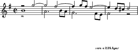 
#(set! paper-alist (cons '("my-size" . (cons (* 10 in) (* 2 in))) paper-alist))

\paper {
  #(set-paper-size "my-size")

}

\score {
  \new Staff <<
    \new Voice \relative c''' {
      \set midiInstrument = #"flute"
      \voiceOne
      \key g \major
      \time 2/2
      r2 g-"Flute" ~
      g fis ~
      fis4 g8 fis e2 ~
      e4 d8 cis d2
    }
    \new Voice \relative c'' {
      \set midiInstrument = #"clarinet"
      \voiceTwo
      b1-"Clarinet"
      a2. b8 a
      g2. fis8 e
      fis2 r
    }
  >>
  \layout { }
  \midi {
    \context {
      \Staff
      \remove "Staff_performer"
    }
    \context {
      \Voice
      \consists "Staff_performer"
    }
    \context {
      \Score
      tempoWholesPerMinute = #(ly:make-moment 72 2)
    }
  }
}
