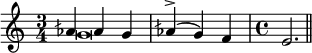 
#(set! paper-alist (cons '("my-size" . (cons (* 6 in) (* 4 in))) paper-alist))
\paper {
  #(set-paper-size "my-size")
  indent = 0\mm
  system-system-spacing.basic-distance = #15
  score-system-spacing =
    #'((basic-distance . 20)
       (minimum-distance . 18)
       (padding . 2)
       (stretchability . 18))
}
\layout {
 
 \context {
    \Score
    \override SpacingSpanner.spacing-increment = 0.15
    \override SpacingSpanner.uniform-stretching = ##t
 %   \override SpacingSpanner.strict-note-spacing = ##t
    \override SpacingSpanner.base-shortest-duration = #(ly:make-moment 1/100000000)
  }
}
\header { tagline = "  "} 

\include "arabic.ly"




%9999999999999999999999999999999999

\score {
  \new Staff <<
    \new Voice 
    \relative sol' {
      \set midiInstrument = #"viola"
      \voiceOne 
   
\time 3/4 \tempo "Исонъ ми" lasb4 lasb sol 
lasb(^\accent sol) fa \time 4/4 mi2.

 
\bar "||"
}
\addlyrics { родъ че ло вѣ че скій }

   \new Voice \relative sol' {
      \set midiInstrument = #"reed organ"
      \voiceTwo
sol\breve
    }



>>
\layout { }
\midi {
    \context {
      \Staff
      \remove "Staff_performer"
    }
    \context {
      \Voice
      \consists "Staff_performer"
    }
    \context {
      \Score
      tempoWholesPerMinute = #(ly:make-moment 58 2)
    }
  }
}
