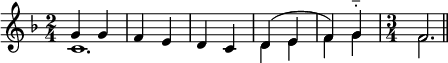 
#(set! paper-alist (cons '("my-size" . (cons (* 6 in) (* 4 in))) paper-alist))
\paper {
  #(set-paper-size "my-size")
  indent = 0\mm
  system-system-spacing.basic-distance = #15
  score-system-spacing =
    #'((basic-distance . 20)
       (minimum-distance . 18)
       (padding . 2)
       (stretchability . 18))
}
\layout {
 
 \context {
    \Score
    \override SpacingSpanner.spacing-increment = 0.15
    \override SpacingSpanner.uniform-stretching = ##t
 %   \override SpacingSpanner.strict-note-spacing = ##t
    \override SpacingSpanner.base-shortest-duration = #(ly:make-moment 1/100000000)
  }
}
\header { tagline = "  "} 

\include "arabic.ly"


%444444444444444444444444444444444444444
\score {
  \new Staff <<
    \new Voice
    \key fa \major
    \relative do'' {
      \set midiInstrument = #"viola"
      \voiceOne
\time 2/4 \tempo "Исонъ до" sol4 sol fa mi re do re( mi fa) 
sol^\portato \time 3/4 fa2.
       
\bar "||"
}

\addlyrics { по ве ли цей Тво ей ми ло сти }

   \new Voice \relative do' {
      \set midiInstrument = #"reed organ"
      \voiceTwo
 do1. re4 mi fa sol fa2.     
    }
   




>>
\layout { }
\midi {
    \context {
      \Staff
      \remove "Staff_performer"
    }
    \context {
      \Voice
      \consists "Staff_performer"
    }
    \context {
      \Score
      tempoWholesPerMinute = #(ly:make-moment 58 2)
    }
  }
}
