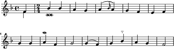 
#(set! paper-alist (cons '("my-size" . (cons (* 6 in) (* 4 in))) paper-alist))
\paper {
  #(set-paper-size "my-size")
  indent = 0\mm
  system-system-spacing.basic-distance = #15
  score-system-spacing =
    #'((basic-distance . 20)
       (minimum-distance . 18)
       (padding . 2)
       (stretchability . 18))
}
\layout {
 
 \context {
    \Score
    \override SpacingSpanner.spacing-increment = 0.15
    \override SpacingSpanner.uniform-stretching = ##t
 %   \override SpacingSpanner.strict-note-spacing = ##t
    \override SpacingSpanner.base-shortest-duration = #(ly:make-moment 1/100000000)
  }
}
\header { tagline = "  "} 

\include "arabic.ly"


%22222222222222222222222222222222222222222



\score {
  \new Staff <<
    \new Voice
    \key fa \major
    \relative do' {
      \set midiInstrument = #"viola"
      \voiceOne
\partial 4  fa4 \tempo "Исонъ до" \time 2/4 sib sib la sol la(\appoggiatura sib16 la4) sol fa mi fa sol sol la^\mordent fa sol2 sol4( fa) sol sib^\portato la sol fa2
       
\bar "|"
}

\addlyrics { и две рем за клю чен ным у че ни ком пред стал е си всех Вос кре се ни е }

   \new Voice \relative do' {
      \set midiInstrument = #"reed organ"
      \voiceTwo
 \partial 4 fa4 do\breve
     
    }
   




>>
\layout { }
\midi {
    \context {
      \Staff
      \remove "Staff_performer"
    }
    \context {
      \Voice
      \consists "Staff_performer"
    }
    \context {
      \Score
      tempoWholesPerMinute = #(ly:make-moment 58 2)
    }
  }
}
