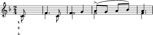 \header {tagline = " "}
\include "arabic.ly"
%22222222222222222222222222222222222222222
\layout {
\context {
\Score
\override SpacingSpanner.spacing-increment = 0.2
\override SpacingSpanner.uniform-stretching = ##t
% \override SpacingSpanner.strict-note-spacing = ##t
\override SpacingSpanner.base-shortest-duration = #(ly:make-moment 1/100000000)
}
}
\score {
\new Staff <<
\new Voice
\key fa \major
\relative do' {
\set midiInstrument = #"viola"
\voiceOne
\time 2/4
\partial 4 \parenthesize do8 s8 |
fa4. do8
fa4 sol
la8(^\accent sol la sib) la4.
\bar "|"
}
\addlyrics { \set stanza = "1."
- υ μνον τη τα φη Σου }
\addlyrics { \set stanza = "2."
γλυ κυ τα τον μου Τε κνον }
\addlyrics { \set stanza = "3."
Πα τηρ Υι ος και Πνευ μα }
\new Voice \relative do' {
\set midiInstrument = #"reed organ"
\voiceTwo
do8 s8 fa4. do8 fa2 fa2 fa4.
}
>>
\layout { }
\midi {
\context {
\Staff
\remove "Staff_performer"
}
\context {
\Voice
\consists "Staff_performer"
}
\context {
\Score
tempoWholesPerMinute = #(ly:make-moment 58 2)
}
}
}