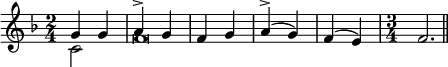 
#(set! paper-alist (cons '("my-size" . (cons (* 6 in) (* 4 in))) paper-alist))
\paper {
  #(set-paper-size "my-size")
  indent = 0\mm
  system-system-spacing.basic-distance = #15
  score-system-spacing =
    #'((basic-distance . 20)
       (minimum-distance . 18)
       (padding . 2)
       (stretchability . 18))
}
\layout {
 
 \context {
    \Score
    \override SpacingSpanner.spacing-increment = 0.15
    \override SpacingSpanner.uniform-stretching = ##t
 %   \override SpacingSpanner.strict-note-spacing = ##t
    \override SpacingSpanner.base-shortest-duration = #(ly:make-moment 1/100000000)
  }
}
\header { tagline = "  "} 

\include "arabic.ly"


%44444455555555555555555
\score {
  \new Staff <<
    \new Voice
    \key fa \major
    \relative do'' {
      \set midiInstrument = #"viola"
      \voiceOne
\time 2/4 \tempo "Исонъ до" sol4 sol
\tempo "Исонъ фа" la^\accent sol fa sol la^\accent( sol) fa( mi) \time 3/4 fa2.
       
\bar "||"
}

\addlyrics { по ве ли цей Тво ей ми ло сти }

   \new Voice \relative do' {
      \set midiInstrument = #"reed organ"
      \voiceTwo
 do2 fa\breve     
    }
   




>>
\layout { }
\midi {
    \context {
      \Staff
      \remove "Staff_performer"
    }
    \context {
      \Voice
      \consists "Staff_performer"
    }
    \context {
      \Score
      tempoWholesPerMinute = #(ly:make-moment 58 2)
    }
  }
}
