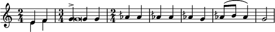 
#(set! paper-alist (cons '("my-size" . (cons (* 6 in) (* 4 in))) paper-alist))
\paper {
  #(set-paper-size "my-size")
  indent = 0\mm
  system-system-spacing.basic-distance = #15
  score-system-spacing =
    #'((basic-distance . 20)
       (minimum-distance . 18)
       (padding . 2)
       (stretchability . 18))
}
\layout {
 
 \context {
    \Score
    \override SpacingSpanner.spacing-increment = 0.15
    \override SpacingSpanner.uniform-stretching = ##t
 %   \override SpacingSpanner.strict-note-spacing = ##t
    \override SpacingSpanner.base-shortest-duration = #(ly:make-moment 1/100000000)
  }
}
\header { tagline = "  "} 

\include "arabic.ly"

%1111111111111111111111111111111111

\score {
  \new Staff <<
    \new Voice
    \relative do' {
      \set midiInstrument = #"viola"
      \voiceOne 
\time 2/4 \tempo "Унисонъ" mi4 fa 
\time 3/4 \tempo "Исонъ соль" sol^\accent sol sol
\time 2/4 lasb lasb lasb lasb  lasb sol lasb8( si lasb4) sol2
       
\bar "|"
}

\addlyrics { Пред ва рив ши я у тро я же о Ма рі и }

   \new Voice \relative do' {
      \set midiInstrument = #"reed organ"
      \voiceTwo
 mi4 fa sol\breve
     
    }
   
  >>

\layout { }
\midi {
    \context {
      \Staff
      \remove "Staff_performer"
    }
    \context {
      \Voice
      \consists "Staff_performer"
    }
    \context {
      \Score
      tempoWholesPerMinute = #(ly:make-moment 58 2)
    }
  }
}
